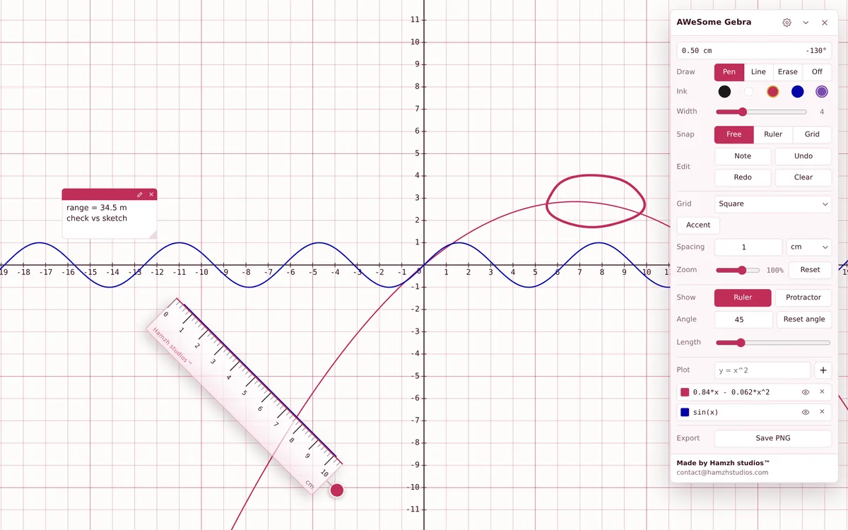 AWeSome Gebra over a pink grid: a rotated ruler, plotted sine and parabola curves, a handwritten note and the settings panel