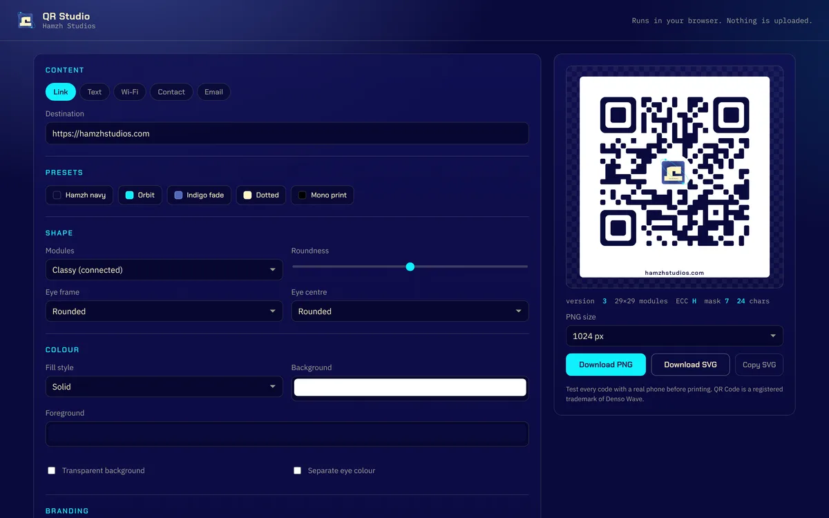 QR Studio: a navy panel of content, shape and colour controls beside a live QR code carrying the studio mark in its centre