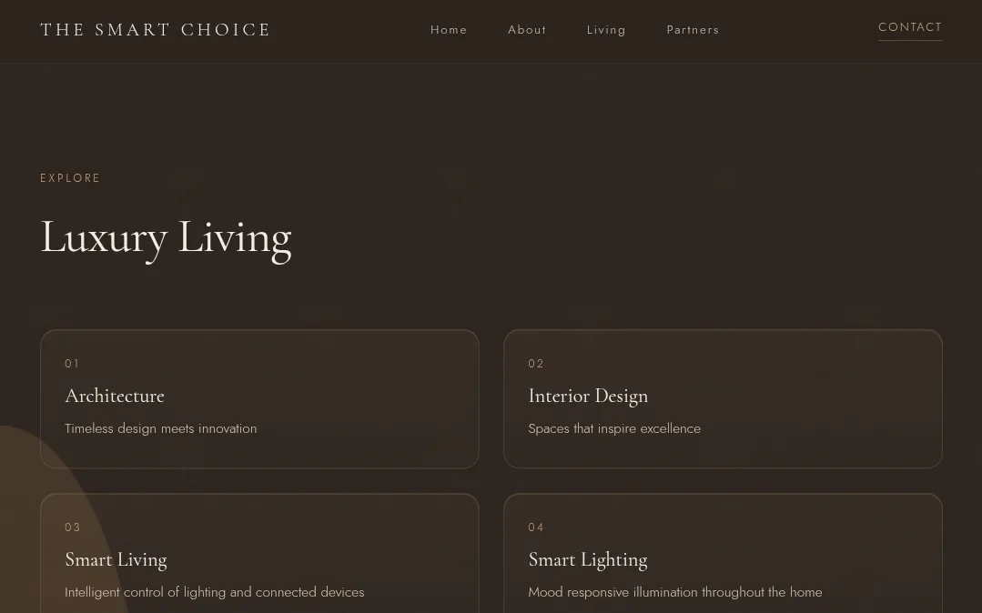 The Smart Choice site: a dark brown page titled Luxury Living with numbered service cards